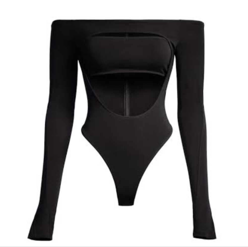 NWT Mugler x HM Black Off-Shoulder Cut Out Bodysuit | Sz Sm Limited Edition